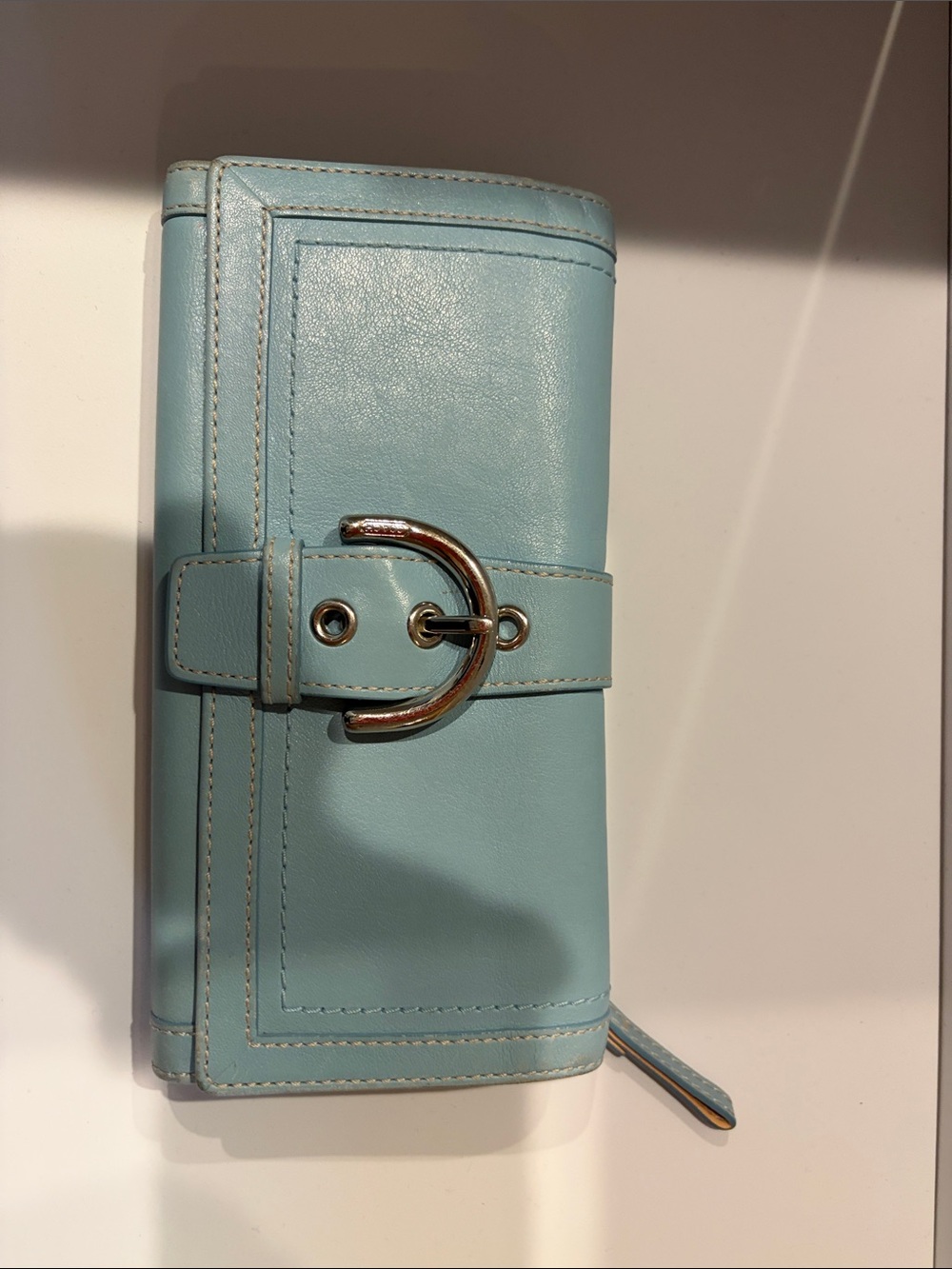 Coach Light Blue Leather Wallet with Silver D-Ring Detail